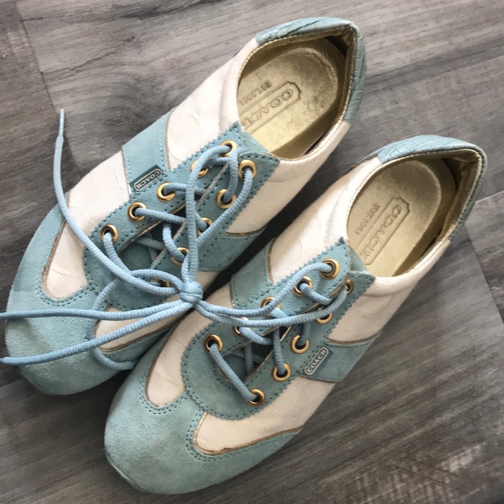 COPY - Blue and white Coach shoes with gold trim …